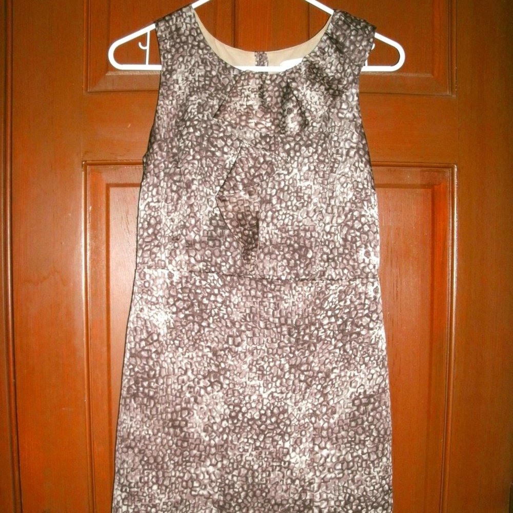 Loft Womens Dress Brown Sheath Satin Sleeveless Ruffle Geometric Animal 2